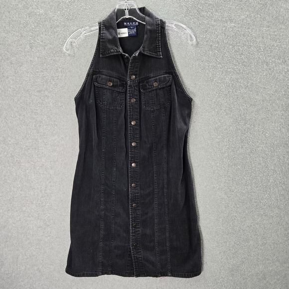 VINTAGE Ralph Lauren Women Dress 8 Gray Denim Mini Shirt Sleeveless Collar - Picture 1 of 7